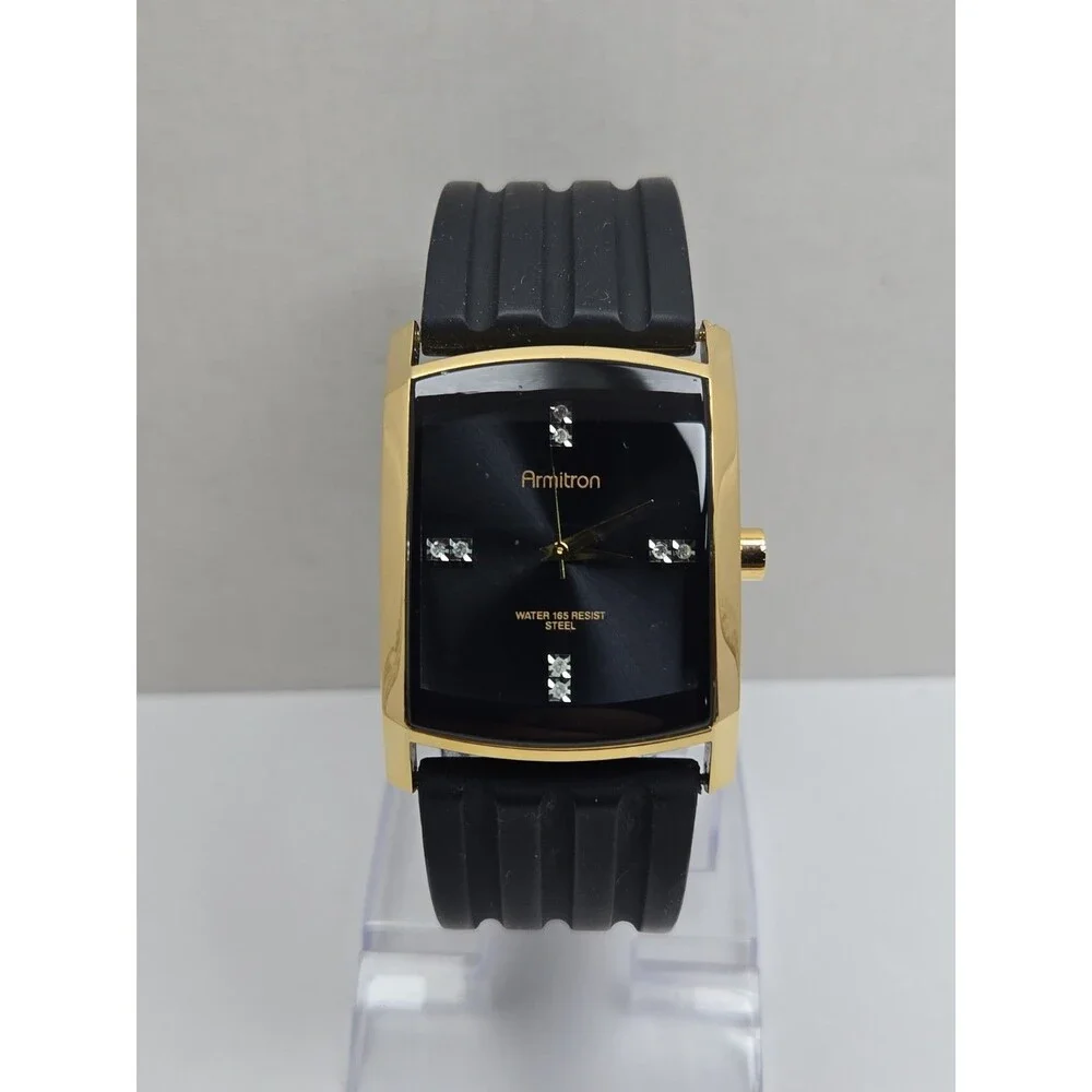 Mens Armitron Diamond 33mm Gold Tone Tank Black Silicon Quartz Watch New Battery